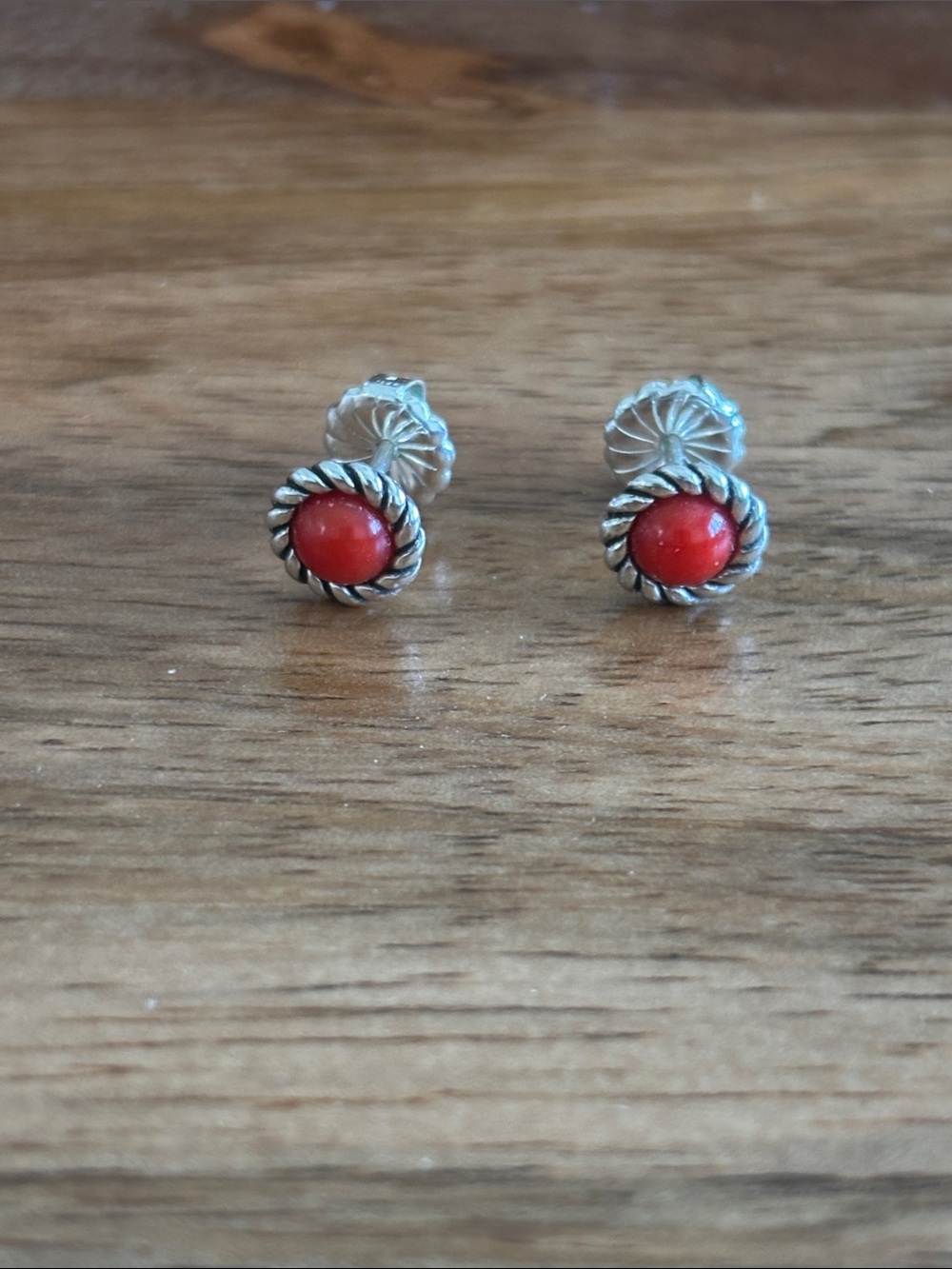 Sterling Silver 925 Red Coral Rope-Edge Stud Earrings